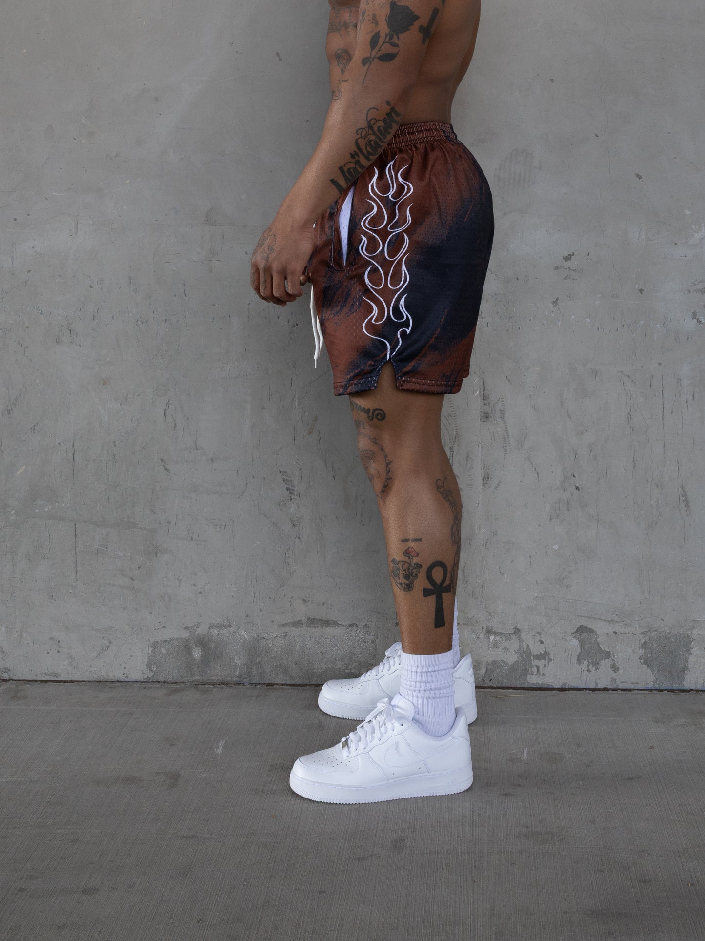 REBELETICS FLAME MESH SHORTS - BROWN