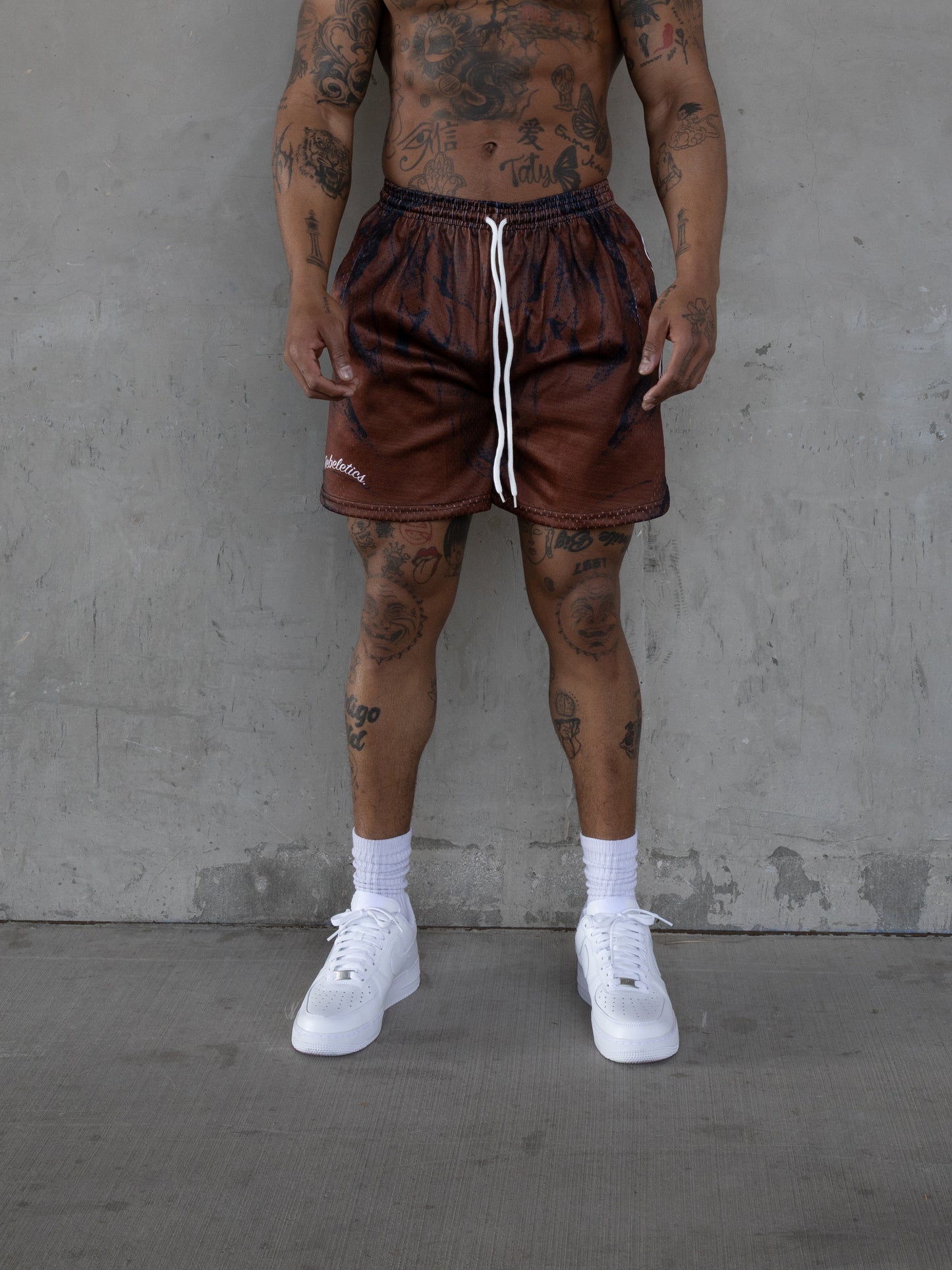 REBELETICS FLAME MESH SHORTS - BROWN