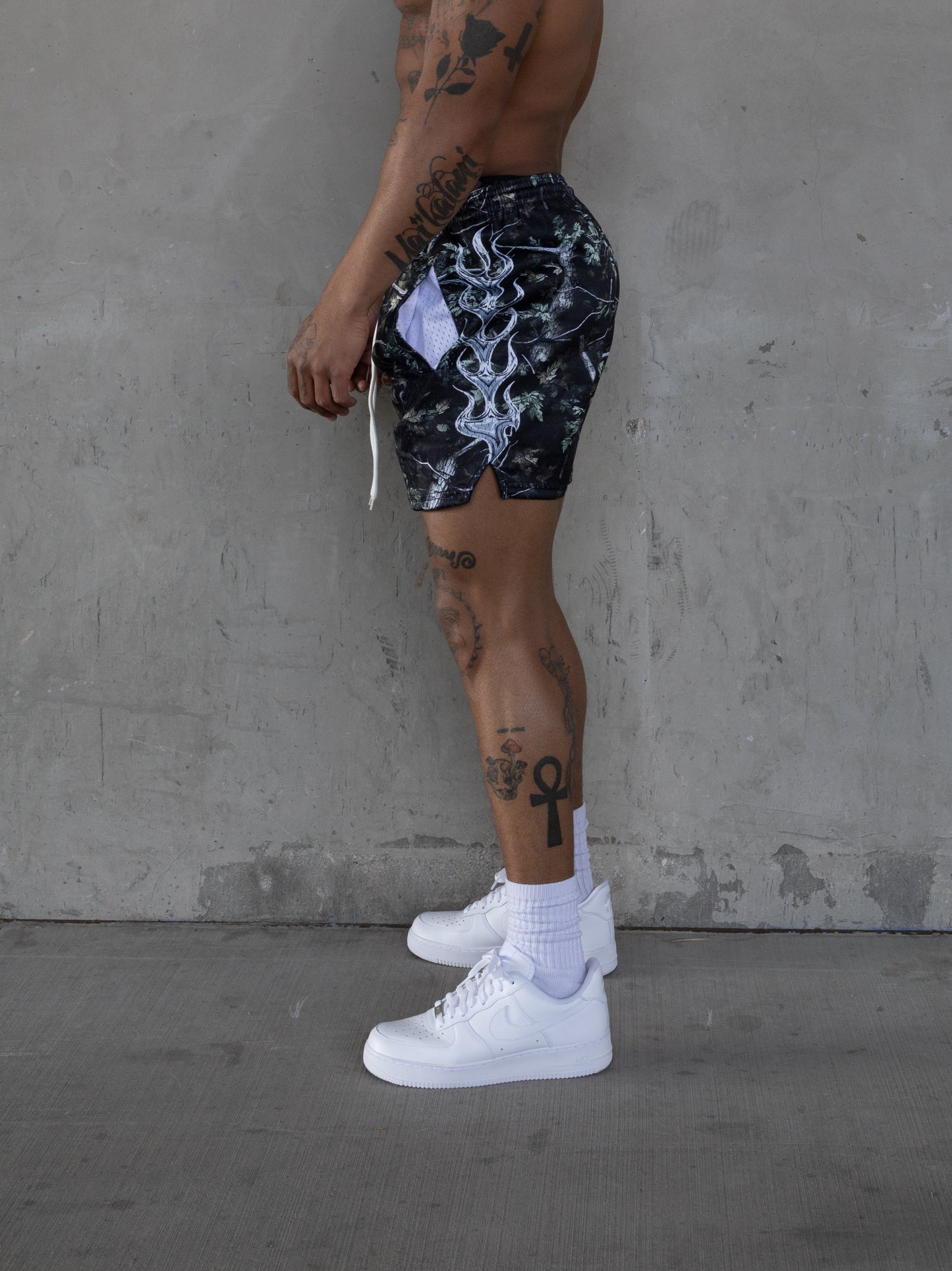 REBELETICS CHROME FLAME TREE CAMO MESH SHORTS