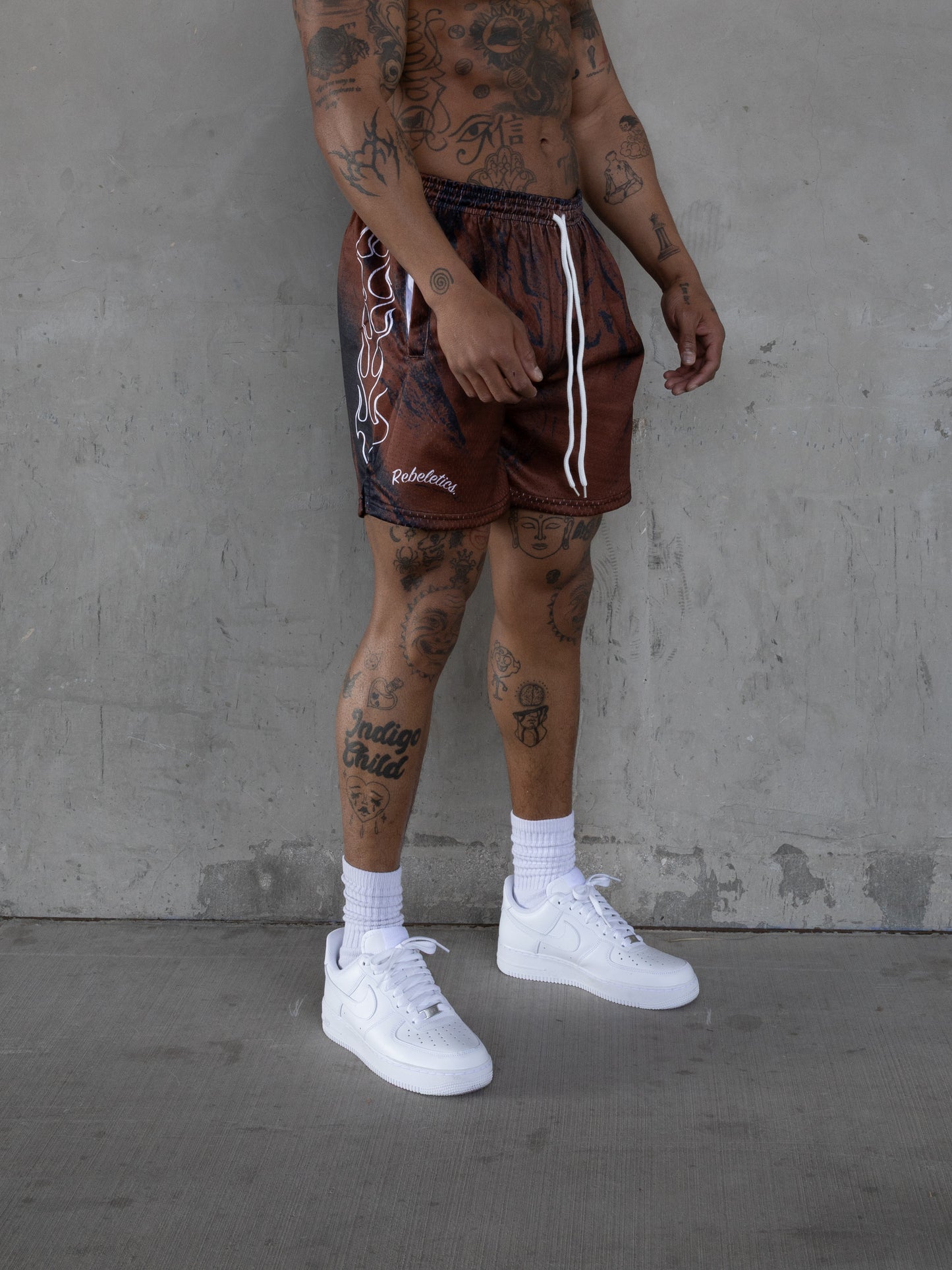 REBELETICS FLAME MESH SHORTS - BROWN