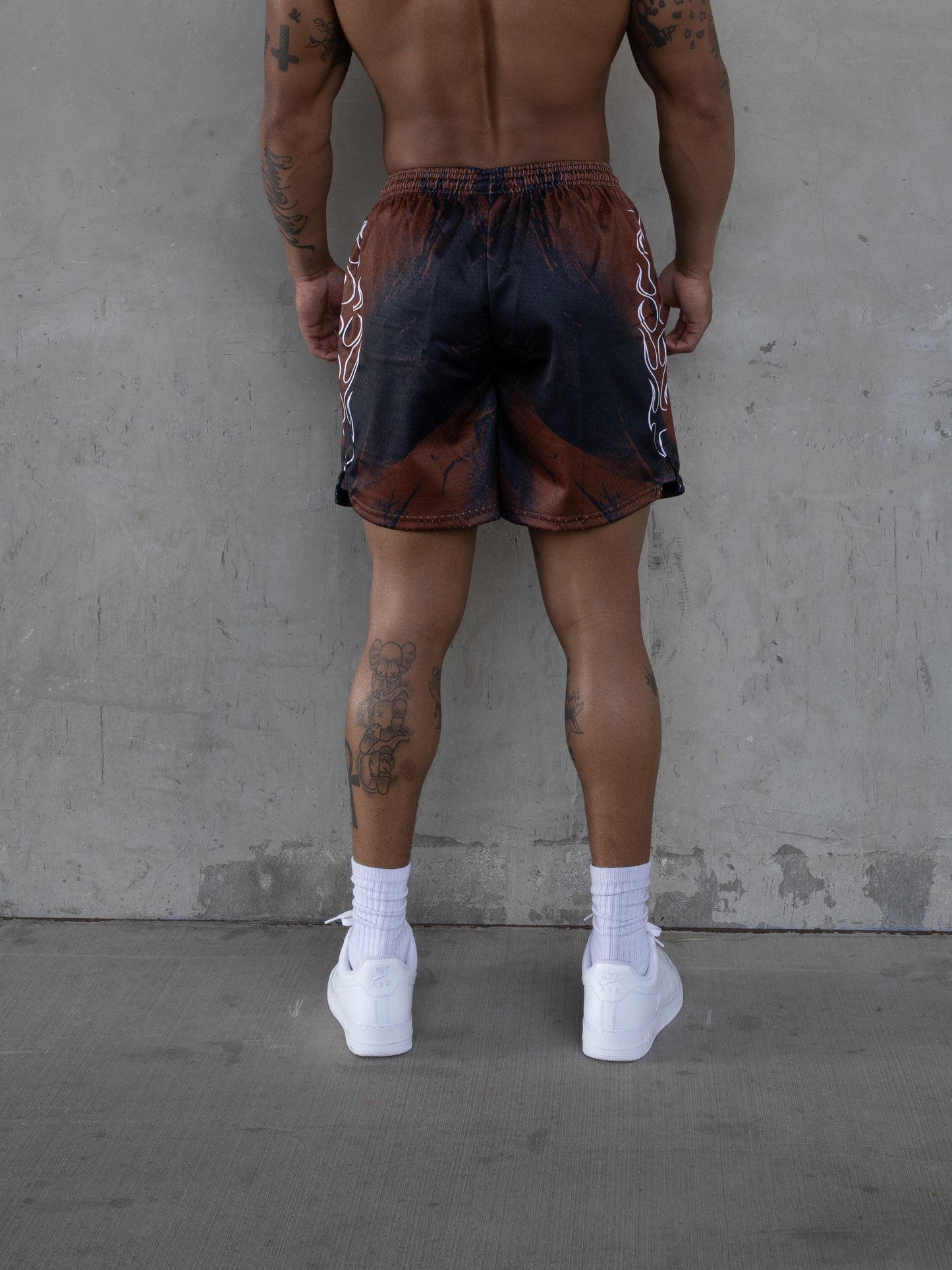REBELETICS FLAME MESH SHORTS - BROWN