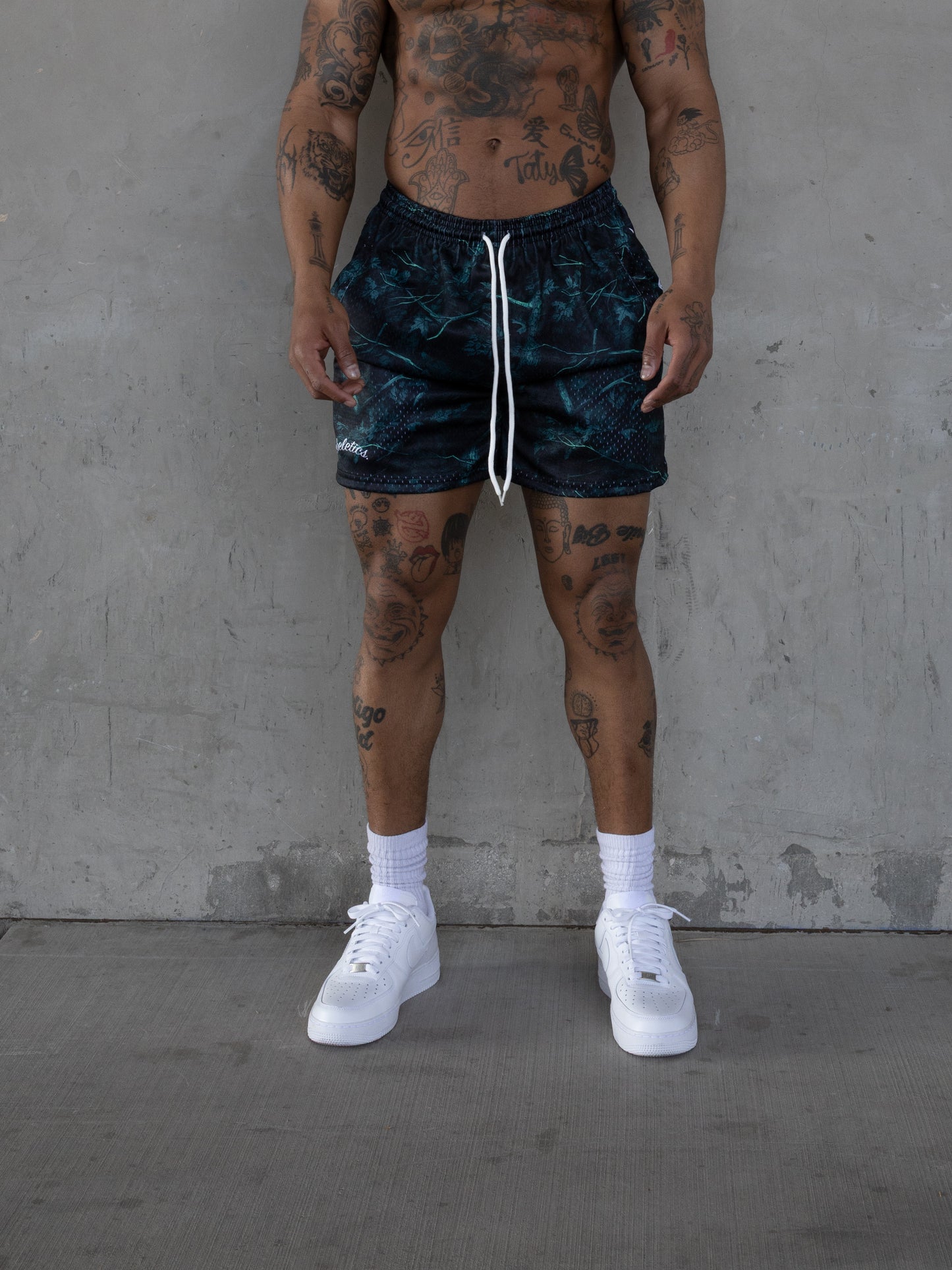 REBELETICS CHROME FLAME TREE CAMO MESH SHORTS - GREEN