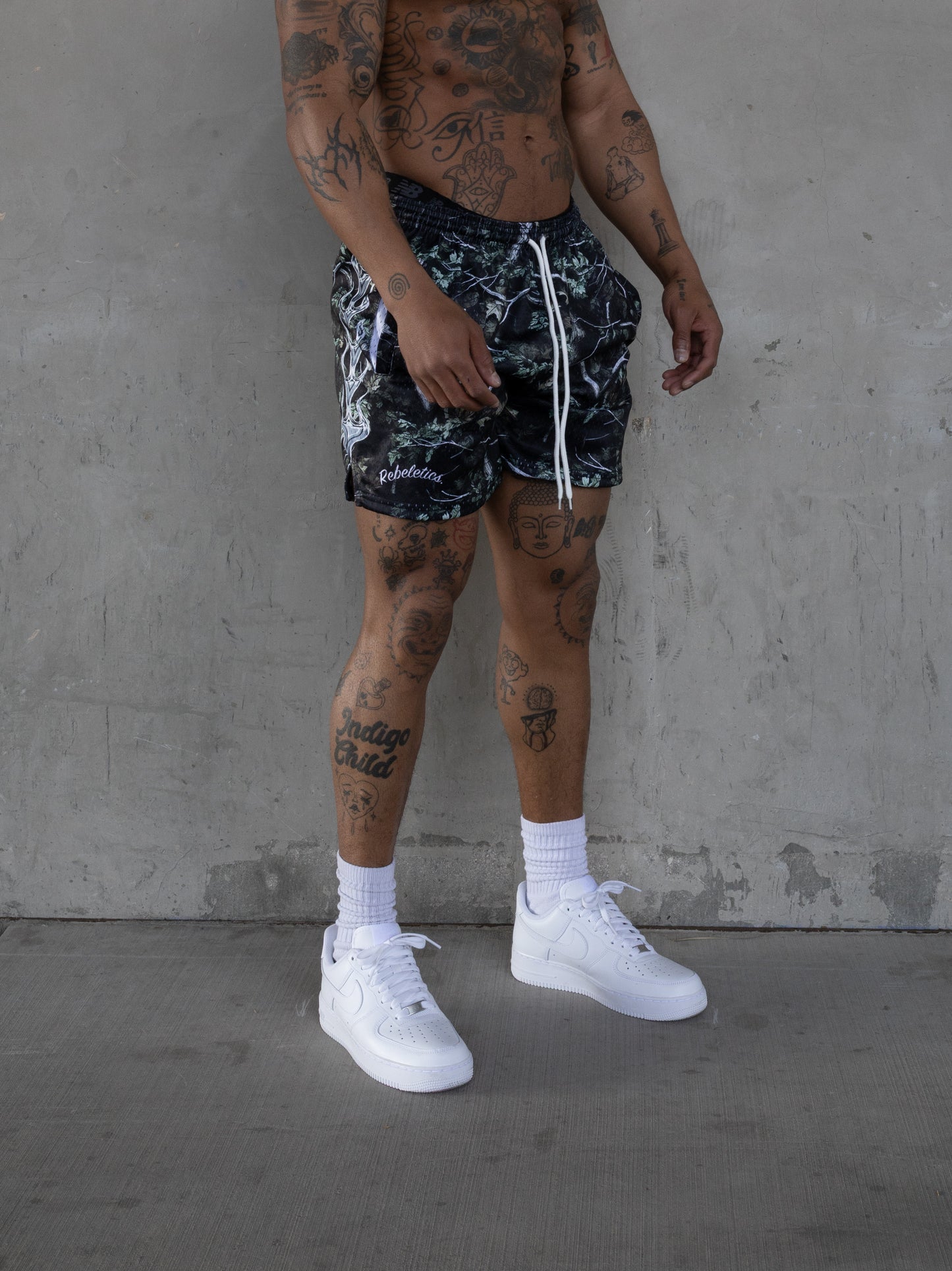REBELETICS CHROME FLAME TREE CAMO MESH SHORTS