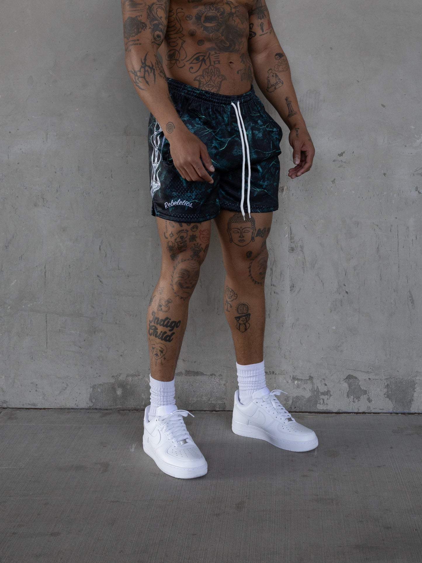 REBELETICS CHROME FLAME TREE CAMO MESH SHORTS - GREEN