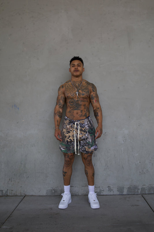 REBELETICS " RBLTCS " COTTON FLEECE SHORTS - TREE CAMO