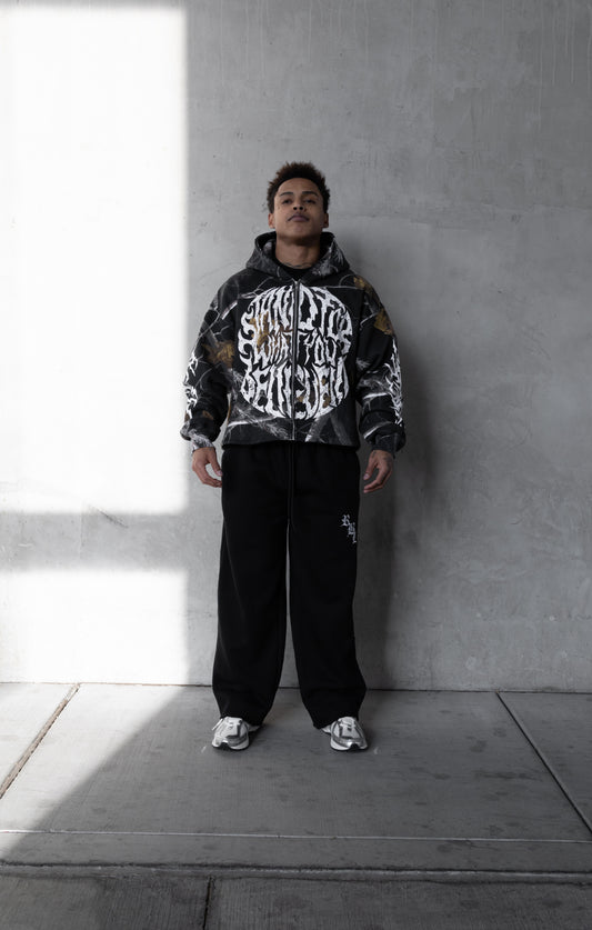 REBELETICS CROPPED ZIP-UP TREE CAMO HOODIE - SHADOW BLACK