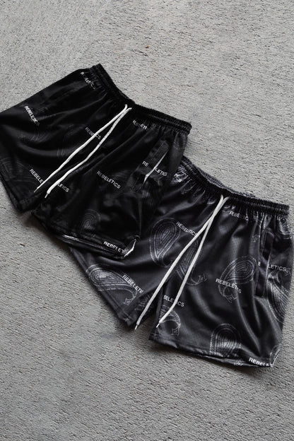 REBELETICS DISTRESSED PAISLEY MESH SHORTS - BLACK