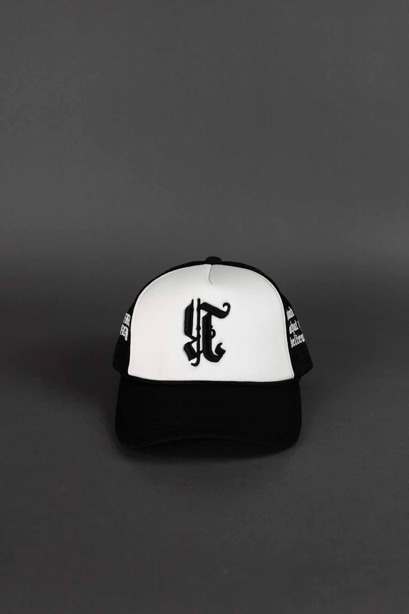REBELETICS REVERSED "R" TRUCKER HAT - BLACK/WHITE