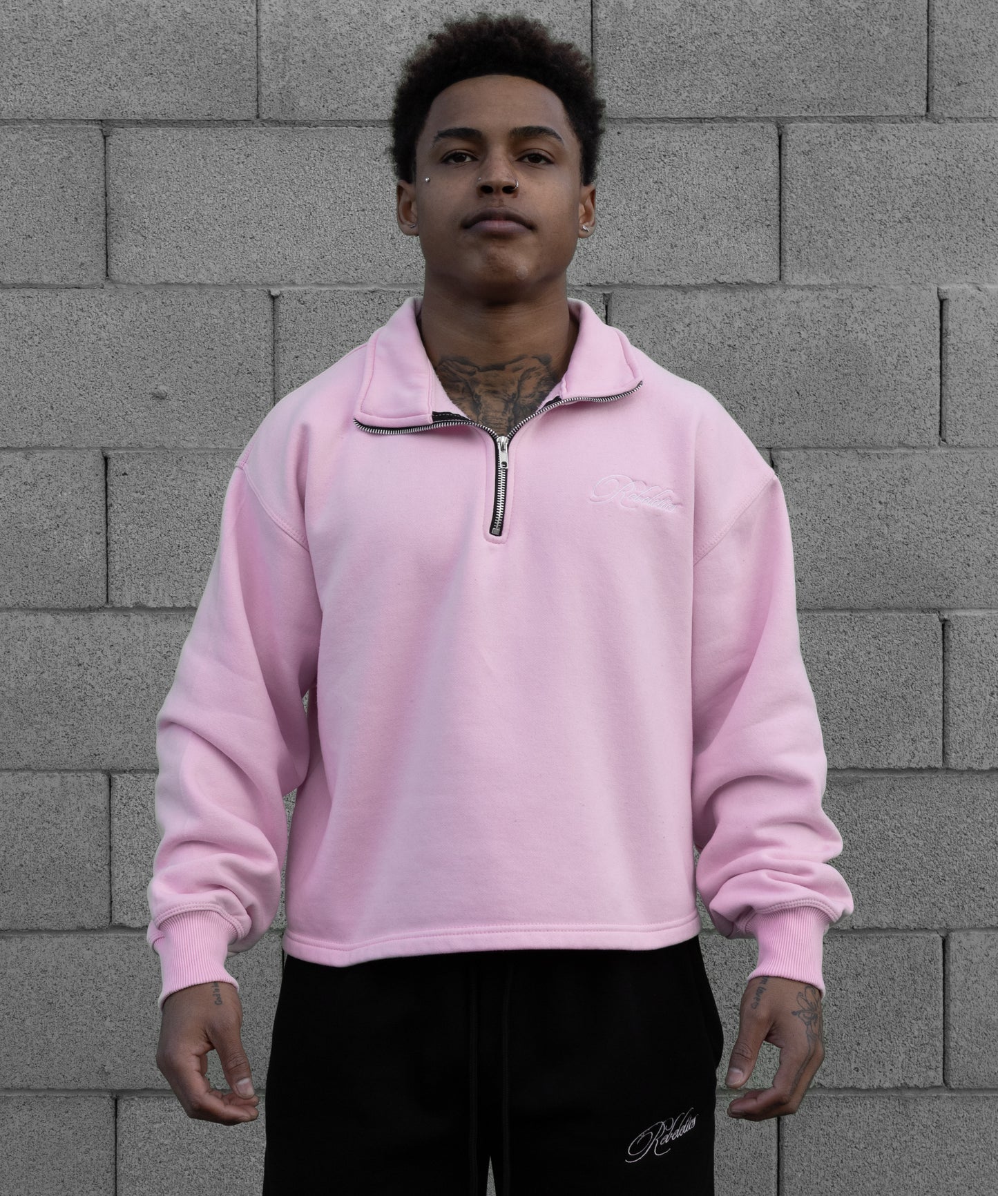 REBELETICS CROPPED QUARTER ZIP - BABY PINK
